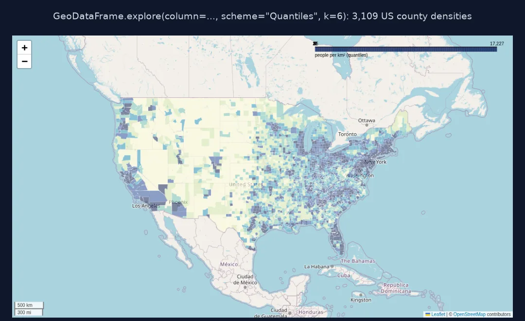 Screenshot of the explore() map of US county population density in six quantile classes from pale yellow to dark blue, with a legend bar at the top right and OpenStreetMap tiles.