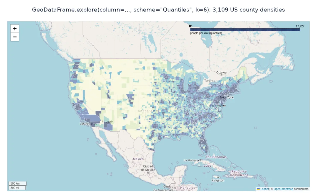 Screenshot of the explore() map of US county population density in six quantile classes from pale yellow to dark blue, with a legend bar at the top right and OpenStreetMap tiles.