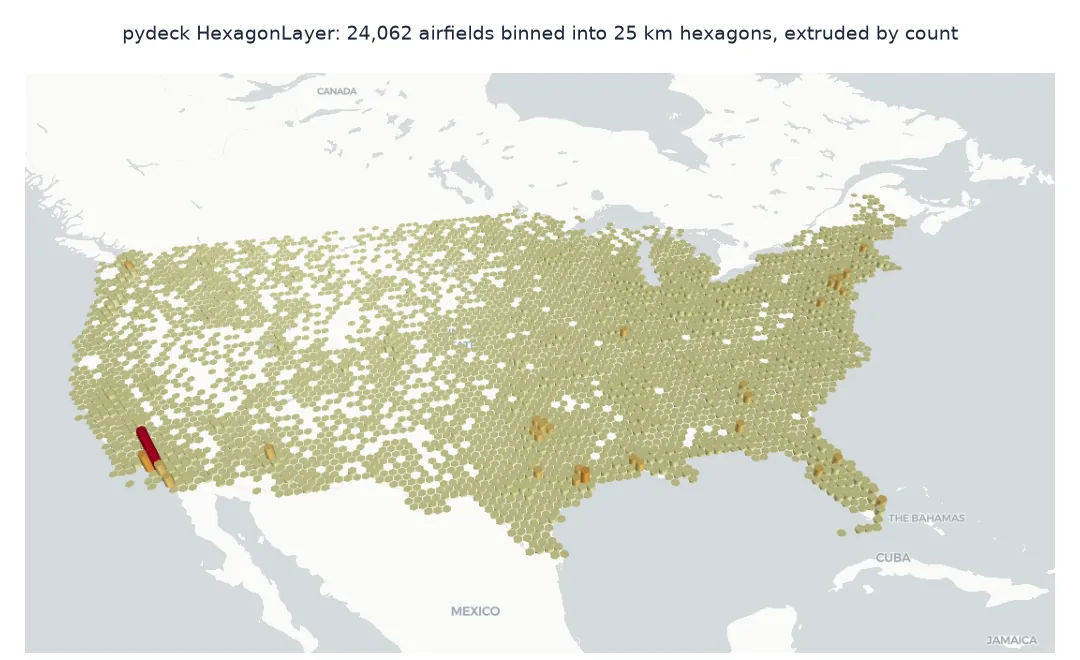 Screenshot of a tilted pydeck hexagon map of US airfields in 25 km hexagons, with a tall red hexagon in the Los Angeles area and shorter orange ones around other cities.