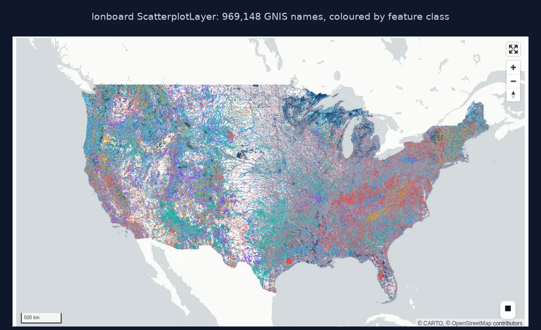 Screenshot of a lonboard map of the conterminous US densely covered by 969,148 small dots coloured by GNIS feature class, with streams, populated places, lakes and summits forming regional patterns.