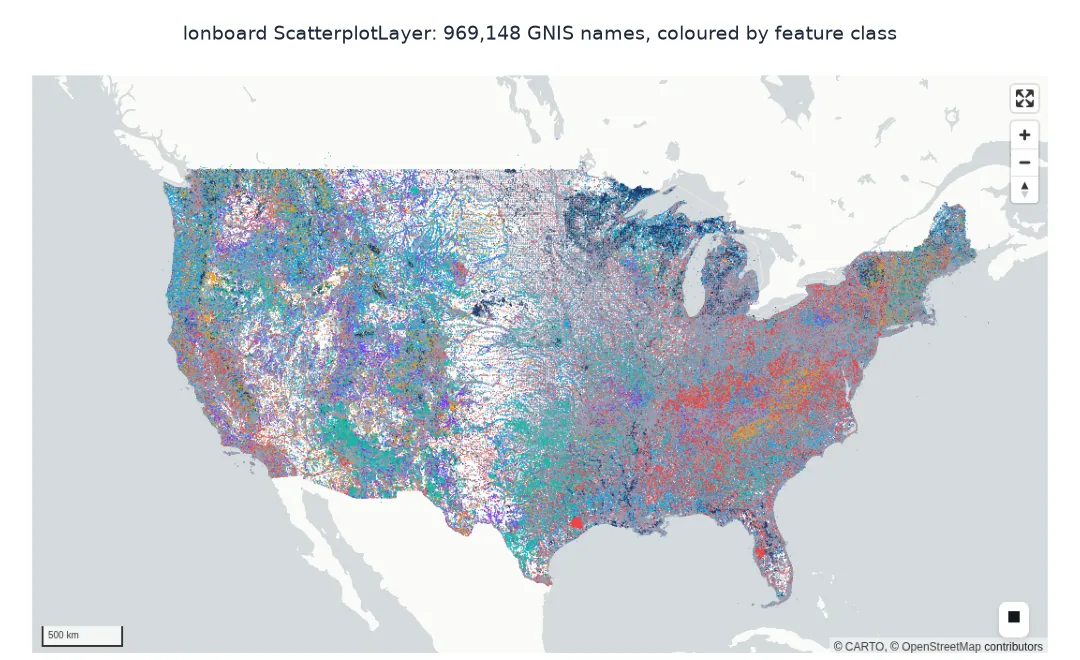 Screenshot of a lonboard map of the conterminous US densely covered by 969,148 small dots coloured by GNIS feature class, with streams, populated places, lakes and summits forming regional patterns.