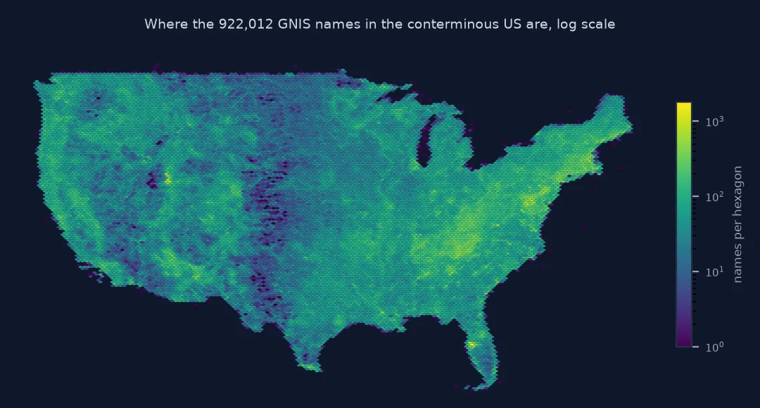 Hexagon density map of 922,012 GNIS names in the conterminous US on a log scale, densest in the Appalachians and sparsest in a band across the western Great Plains.