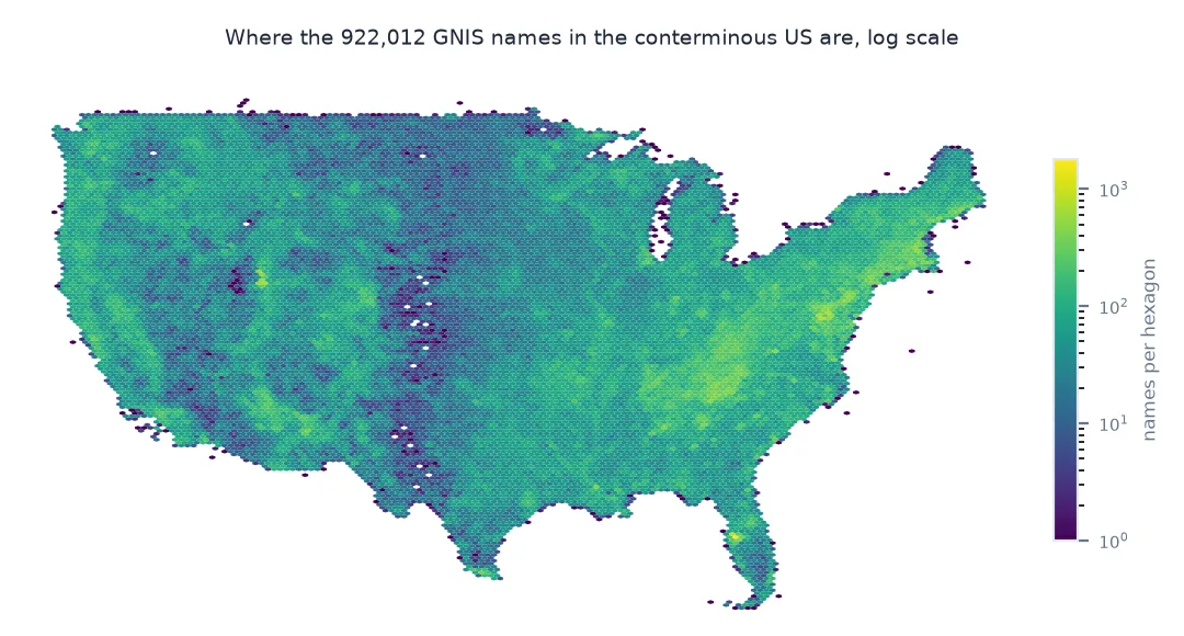 Hexagon density map of 922,012 GNIS names in the conterminous US on a log scale, densest in the Appalachians and sparsest in a band across the western Great Plains.