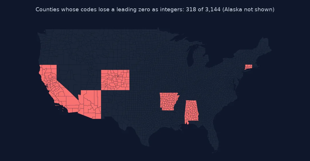 Map of the conterminous US with the counties of California, Arizona, Colorado, Arkansas, Alabama and Connecticut in red: the states whose FIPS codes start with a zero.