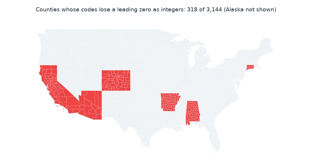 Map of the conterminous US with the counties of California, Arizona, Colorado, Arkansas, Alabama and Connecticut in red: the states whose FIPS codes start with a zero.