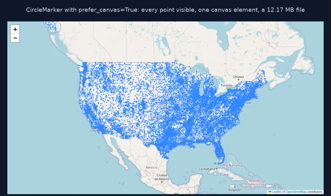 Screenshot of all 25,081 US airfields as small blue circles drawn on one canvas, densest in the east and along the coasts.