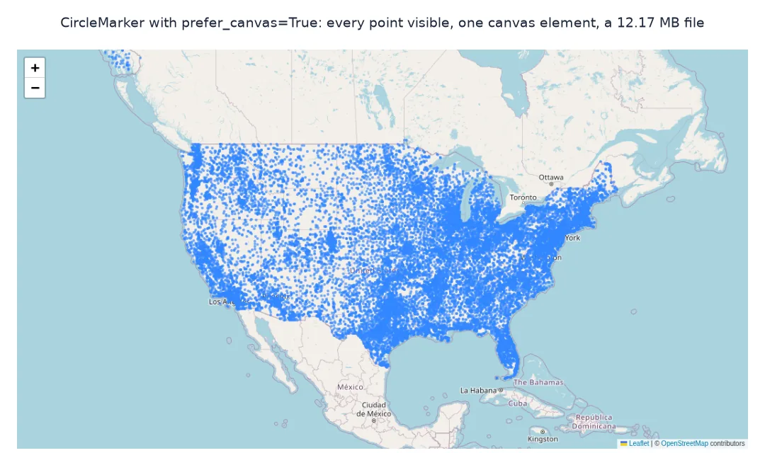 Screenshot of all 25,081 US airfields as small blue circles drawn on one canvas, densest in the east and along the coasts.