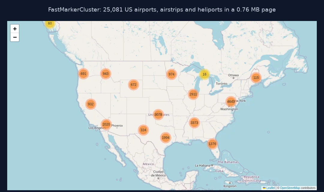 Screenshot of a Folium FastMarkerCluster map of the US with orange cluster bubbles labelled with counts such as 4,643 around New York, 3,373 in the south-east and 3,078 in the Great Plains.