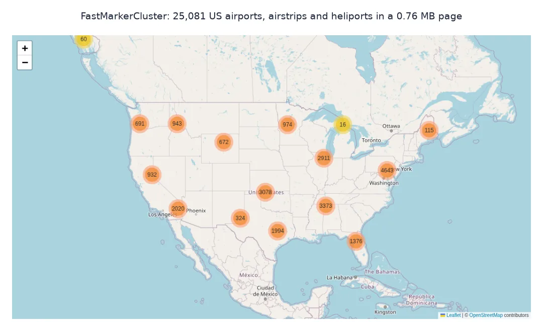 Screenshot of a Folium FastMarkerCluster map of the US with orange cluster bubbles labelled with counts such as 4,643 around New York, 3,373 in the south-east and 3,078 in the Great Plains.