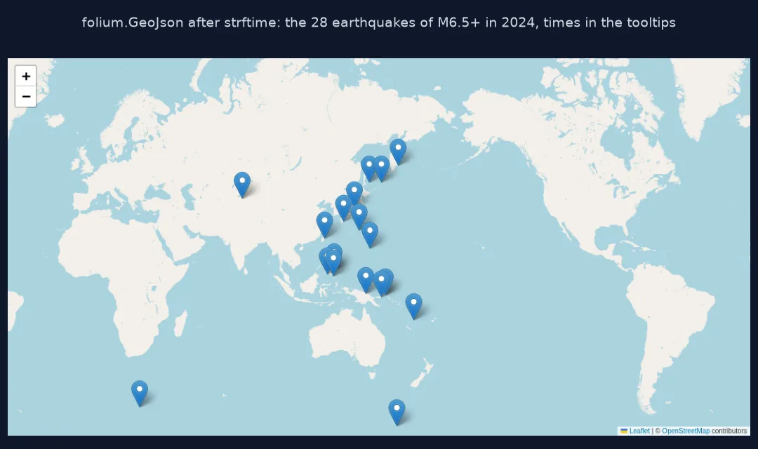 Screenshot of a Folium map with blue markers for the 28 earthquakes of magnitude 6.5 and larger in 2024, most around the western Pacific from Japan to New Zealand.
