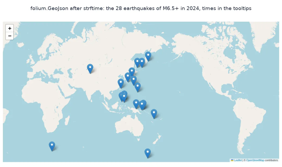Screenshot of a Folium map with blue markers for the 28 earthquakes of magnitude 6.5 and larger in 2024, most around the western Pacific from Japan to New Zealand.