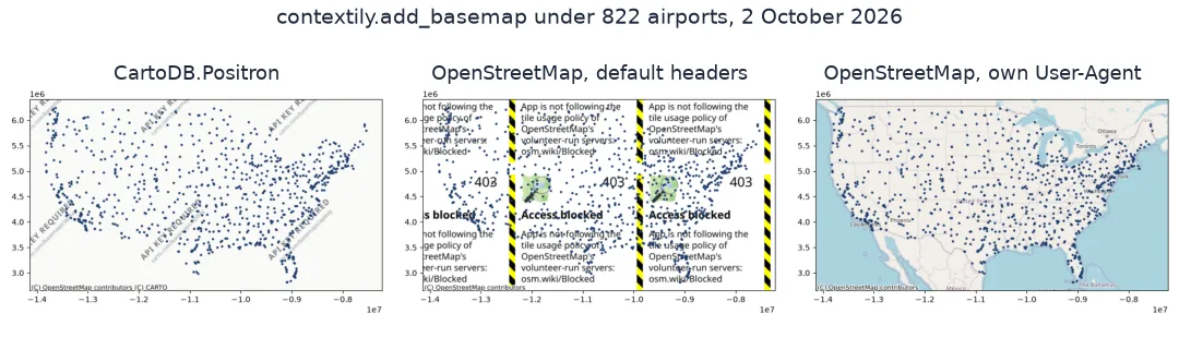 Three contextily maps of 822 US airports: on CARTO Positron the basemap is a grey grid stamped API KEY REQUIRED; on OpenStreetMap with default headers it is a grid of Access blocked tiles; on OpenStreetMap with a descriptive User-Agent it is a real map.