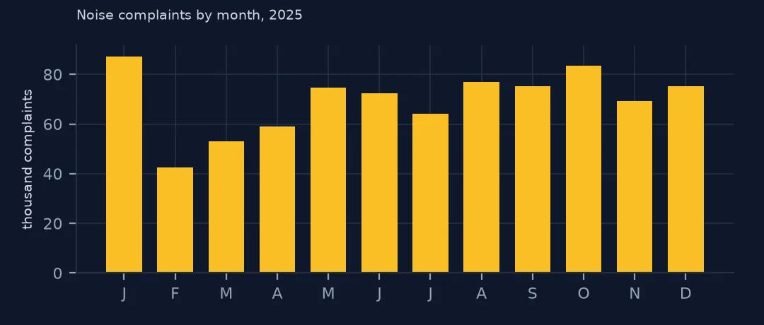 Bar chart of noise complaints by month in 2025, highest in January and lowest in February