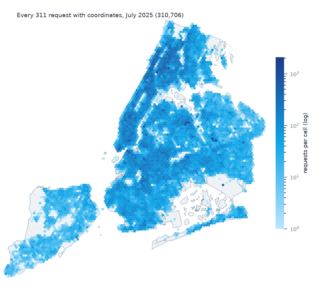 Hexagonal density map of every July 2025 311 request with coordinates across New York's five boroughs