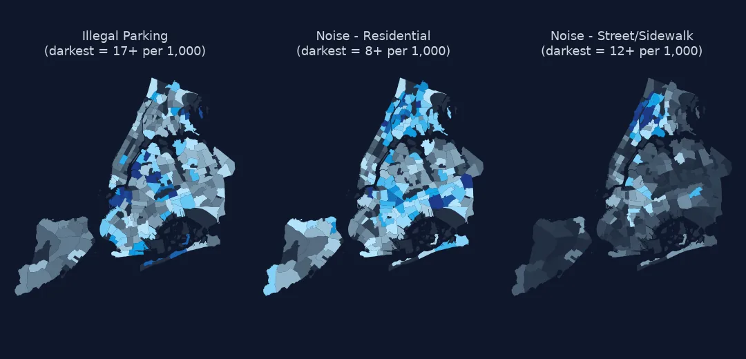 Three small maps of New York neighbourhoods shaded by illegal parking, residential noise and street noise requests per resident
