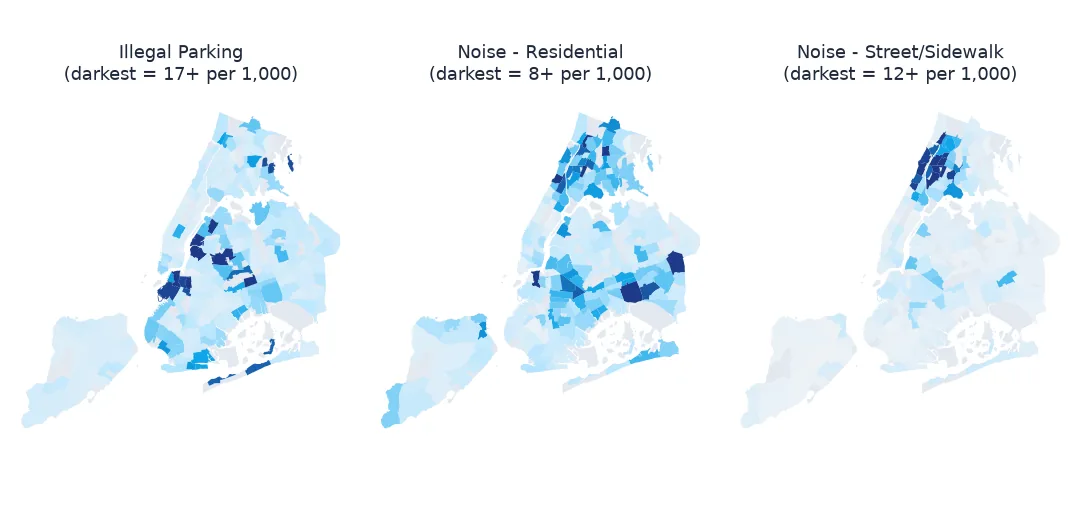 Three small maps of New York neighbourhoods shaded by illegal parking, residential noise and street noise requests per resident