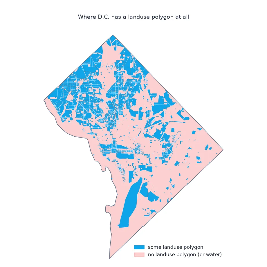 Map of D.C. showing in blue where any landuse polygon exists and in pale red where none does, including Rock Creek Park, the Mall, the rivers and much of the east.