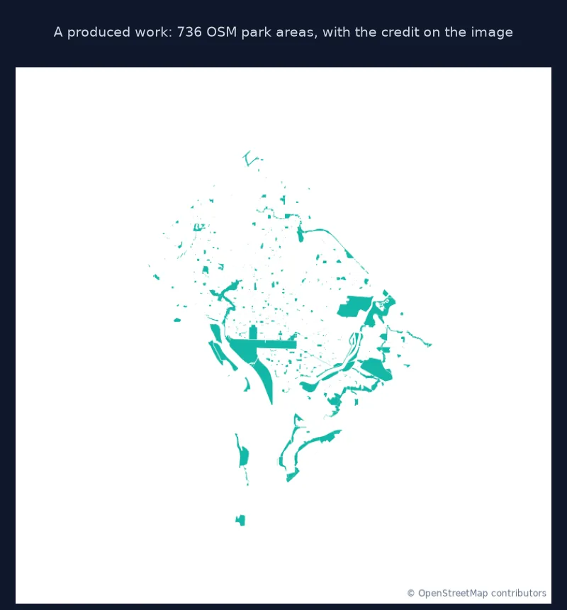 A matplotlib map of 736 OSM park areas in D.C. in teal, with the credit © OpenStreetMap contributors in the bottom right corner of the image.