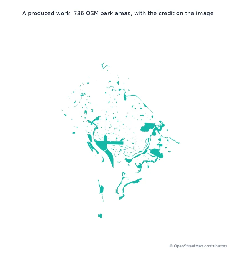 A matplotlib map of 736 OSM park areas in D.C. in teal, with the credit © OpenStreetMap contributors in the bottom right corner of the image.