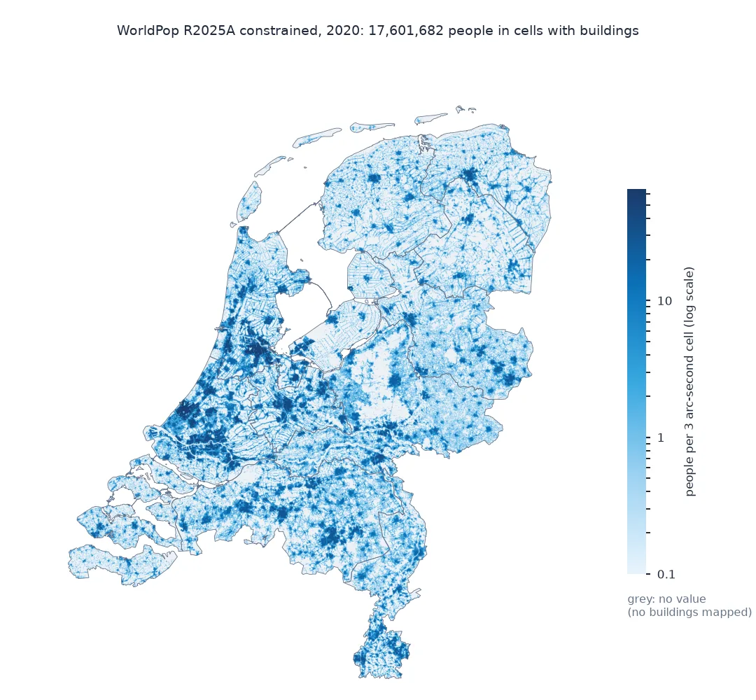 Map of the Netherlands from the WorldPop R2025A constrained 2020 raster on a log scale from 0.1 to over 60 people per 3 arc-second cell: towns and cities are dark blue blobs, the Randstad darkest; ribbon villages along roads and dikes show as thin lines; the Veluwe and other areas without buildings are grey with no value.