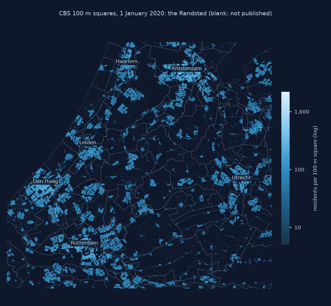 Map of the Randstad from Haarlem and Amsterdam in the north to Rotterdam in the south and Utrecht in the east, on 100 m CBS squares coloured by residents on a log scale from 5 to over 2,000: cities and villages appear as sharp-edged blue patches, the darkest in the older districts of Amsterdam, Den Haag and Rotterdam; the green heart between them is almost blank because squares with too few residents and dwellings are not published.