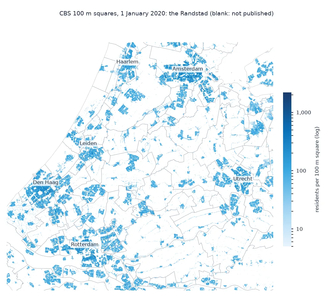 Map of the Randstad from Haarlem and Amsterdam in the north to Rotterdam in the south and Utrecht in the east, on 100 m CBS squares coloured by residents on a log scale from 5 to over 2,000: cities and villages appear as sharp-edged blue patches, the darkest in the older districts of Amsterdam, Den Haag and Rotterdam; the green heart between them is almost blank because squares with too few residents and dwellings are not published.