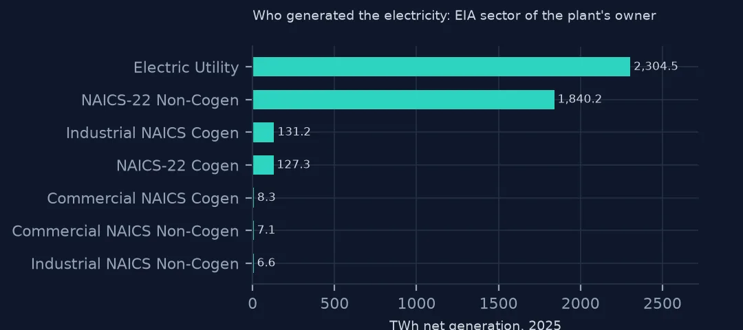 Horizontal bars of 2025 US net generation by EIA sector, led by electric utilities and independent power producers