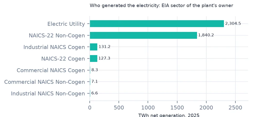 Horizontal bars of 2025 US net generation by EIA sector, led by electric utilities and independent power producers