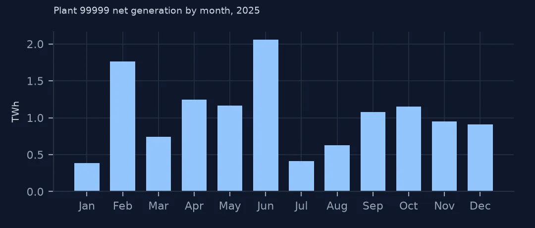 Bar chart of plant 99999 net generation by month in 2025, varying between about 0.4 and 2 TWh