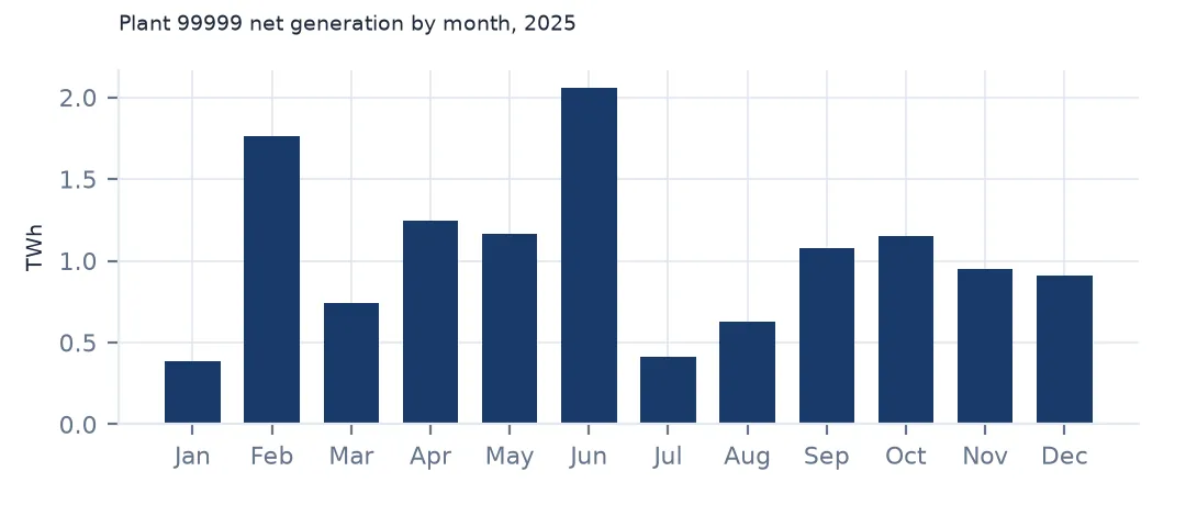 Bar chart of plant 99999 net generation by month in 2025, varying between about 0.4 and 2 TWh