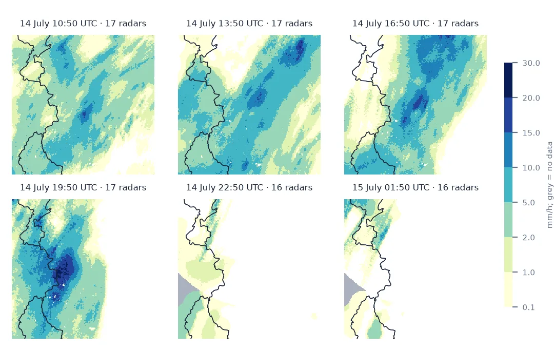 Six hourly maps of the Eifel and Cologne area: moderate rain spreading from the south-west in the morning, bands of 10 to 20 mm per hour in the afternoon, an intense cell above 20 mm per hour on the Belgian border at 19:50 UTC, and lighter rain after 22:50 UTC, when a grey wedge of no data appears in the west as the composite drops to 16 radars.
