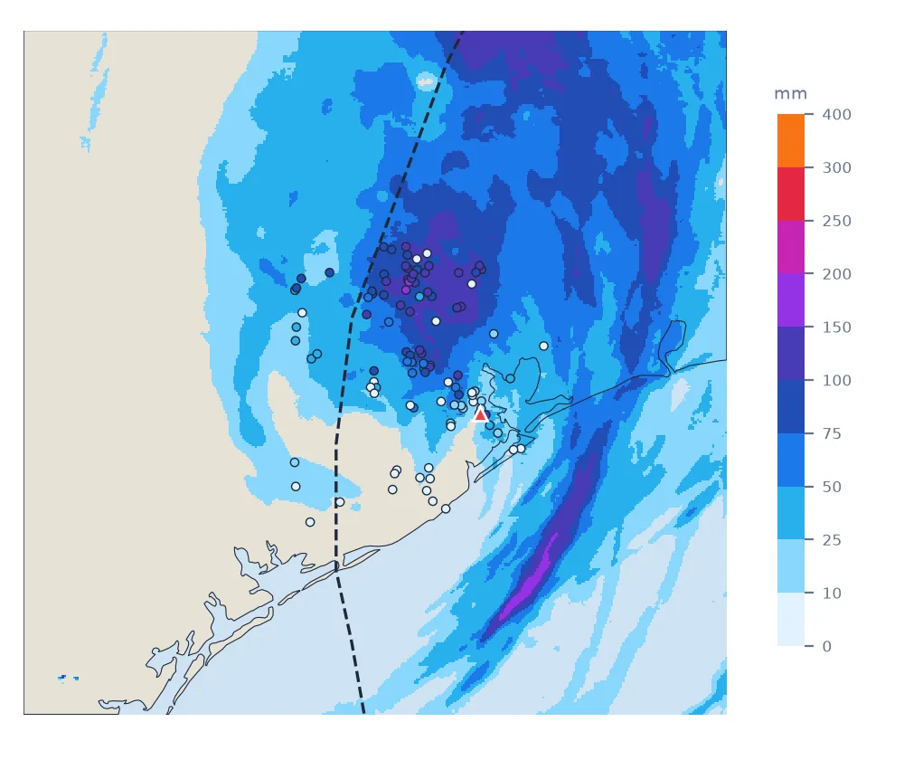Map of south-east Texas with MRMS multi-sensor 24-hour rainfall ending 12 UTC on 9 July 2024, heaviest over Houston's northern suburbs and a band offshore, Beryl's track dashed, and about 100 rain gauges coloured on the same scale.