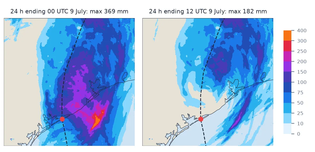 Two MRMS 24-hour rainfall maps for the same date: ending 00 UTC 9 July, with up to 369 mm along and east of Beryl's landfall; ending 12 UTC, with a maximum of 182 mm and the landfall rain missing.