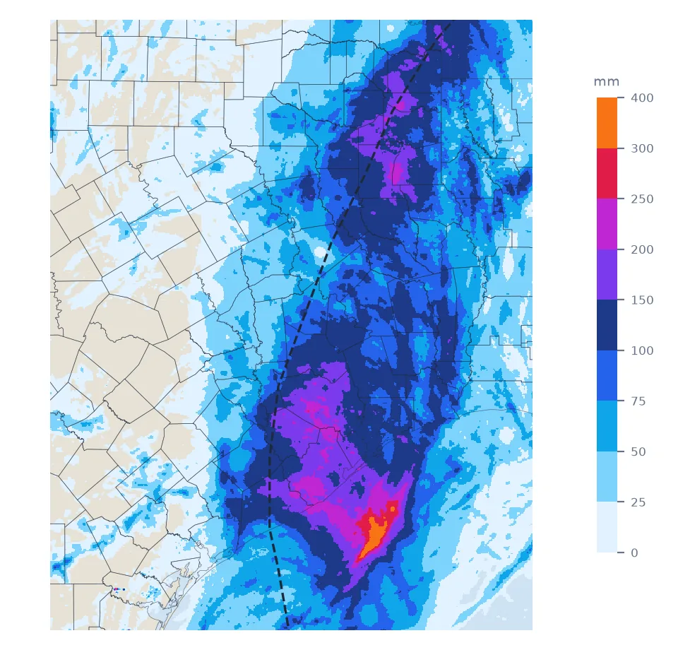 Map of east Texas with county outlines and MRMS 72-hour rainfall: a broad swath of 100 to 250 mm along and east of Beryl's dashed track from the coast south of Houston north-east into Louisiana, peaking near 400 mm offshore.
