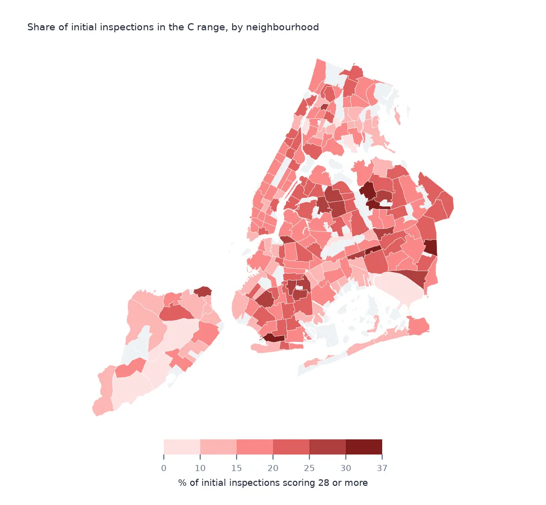 Map of New York neighbourhoods shaded by the share of initial inspections scoring 28 or more, darkest in parts of southern Brooklyn and Queens.