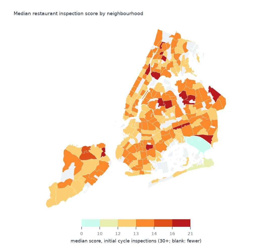 Map of New York neighbourhoods shaded by the median score of initial restaurant inspections, darkest red in parts of Queens such as Flushing and on Staten Island's north shore, palest around JFK airport and Yankee Stadium.