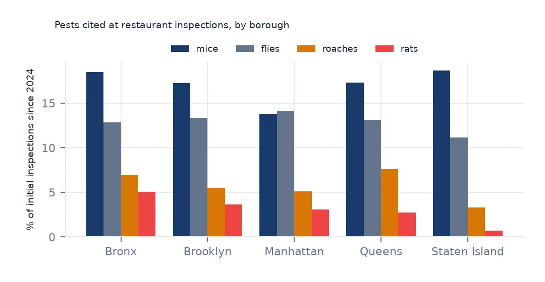 Grouped bar chart by borough of the share of inspections citing mice, flies, roaches and rats: mice about 14 to 19% everywhere, rats highest in the Bronx and lowest on Staten Island.
