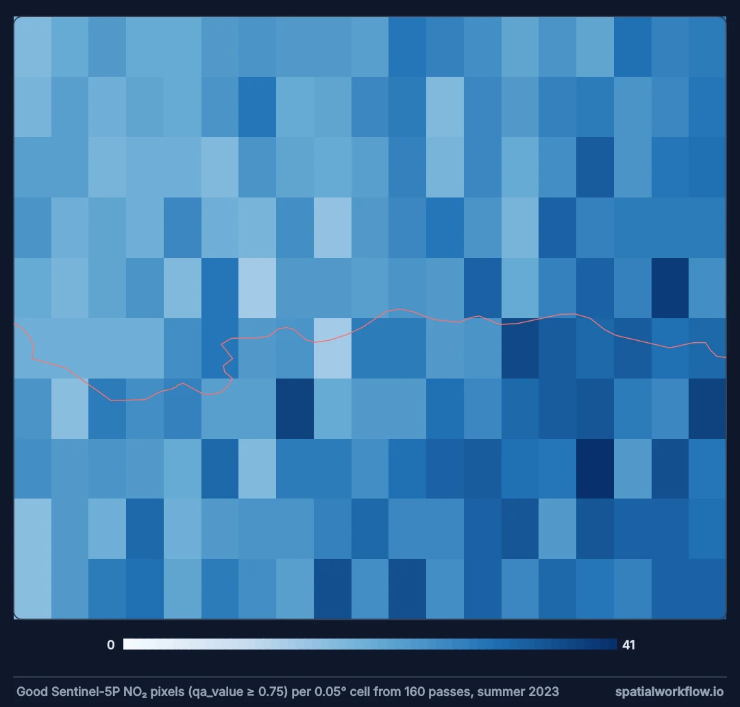 Grid map of London in 0.05 degree cells shaded by how many good Sentinel-5P NO2 pixels each received over summer 2023: every cell between 14 and 41, with the Thames drawn across the middle.