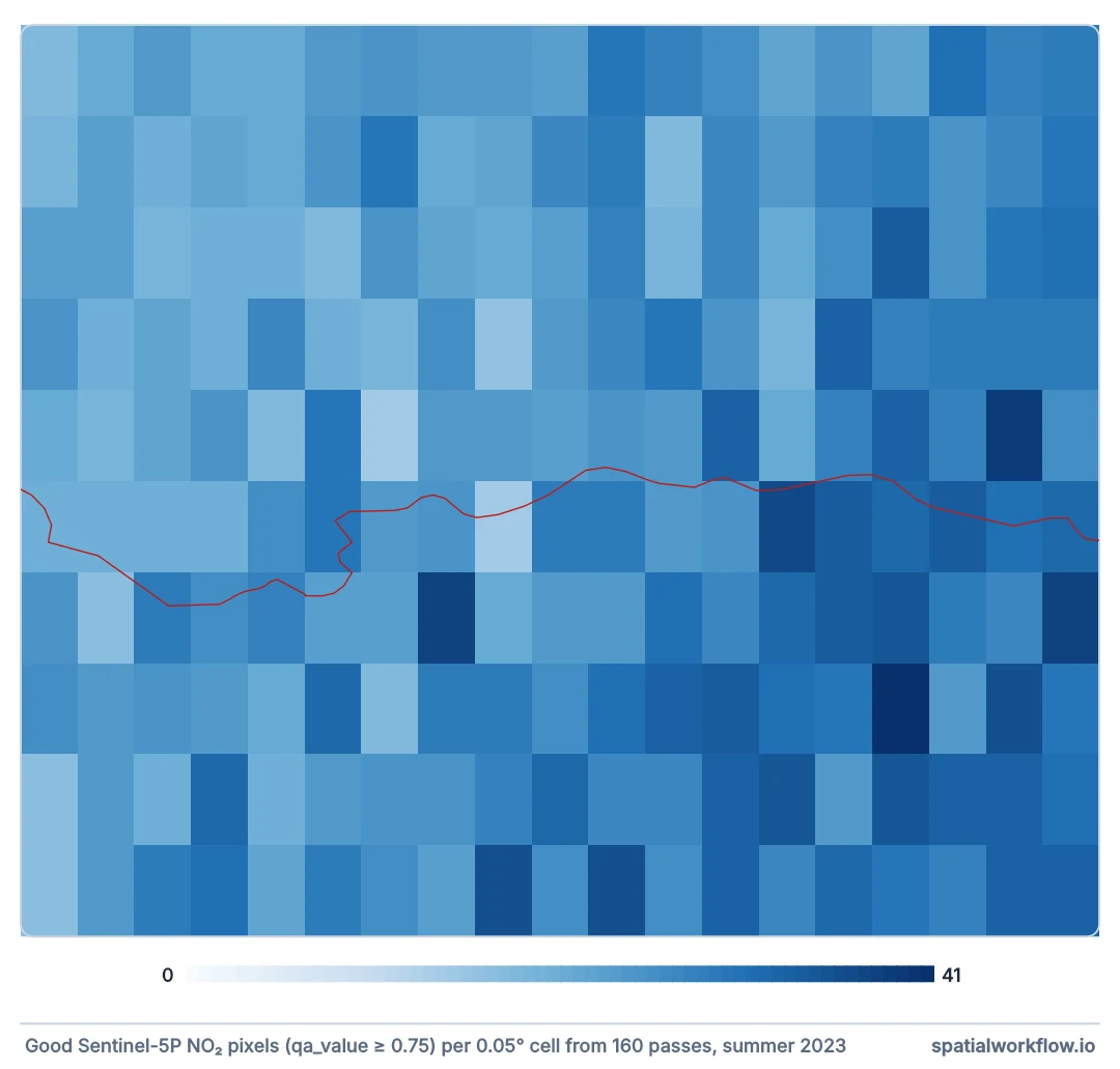 Grid map of London in 0.05 degree cells shaded by how many good Sentinel-5P NO2 pixels each received over summer 2023: every cell between 14 and 41, with the Thames drawn across the middle.