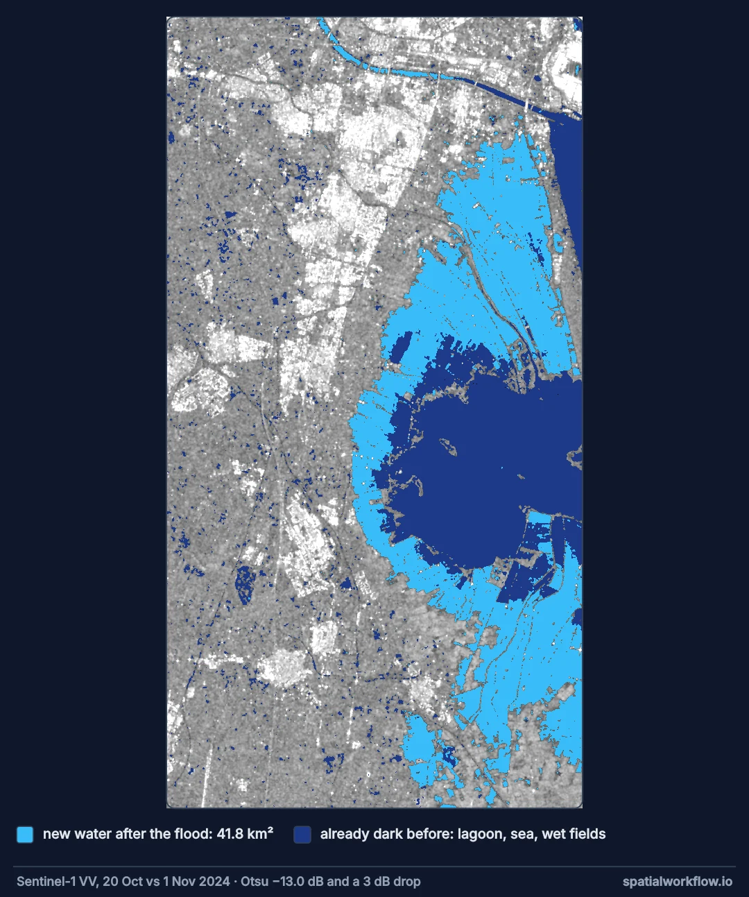 Map south of Valencia with the Sentinel-1 flood result: newly flooded land in bright blue around the Albufera lagoon and to its north and south, the lagoon and sea in dark blue, and dry land in grey.