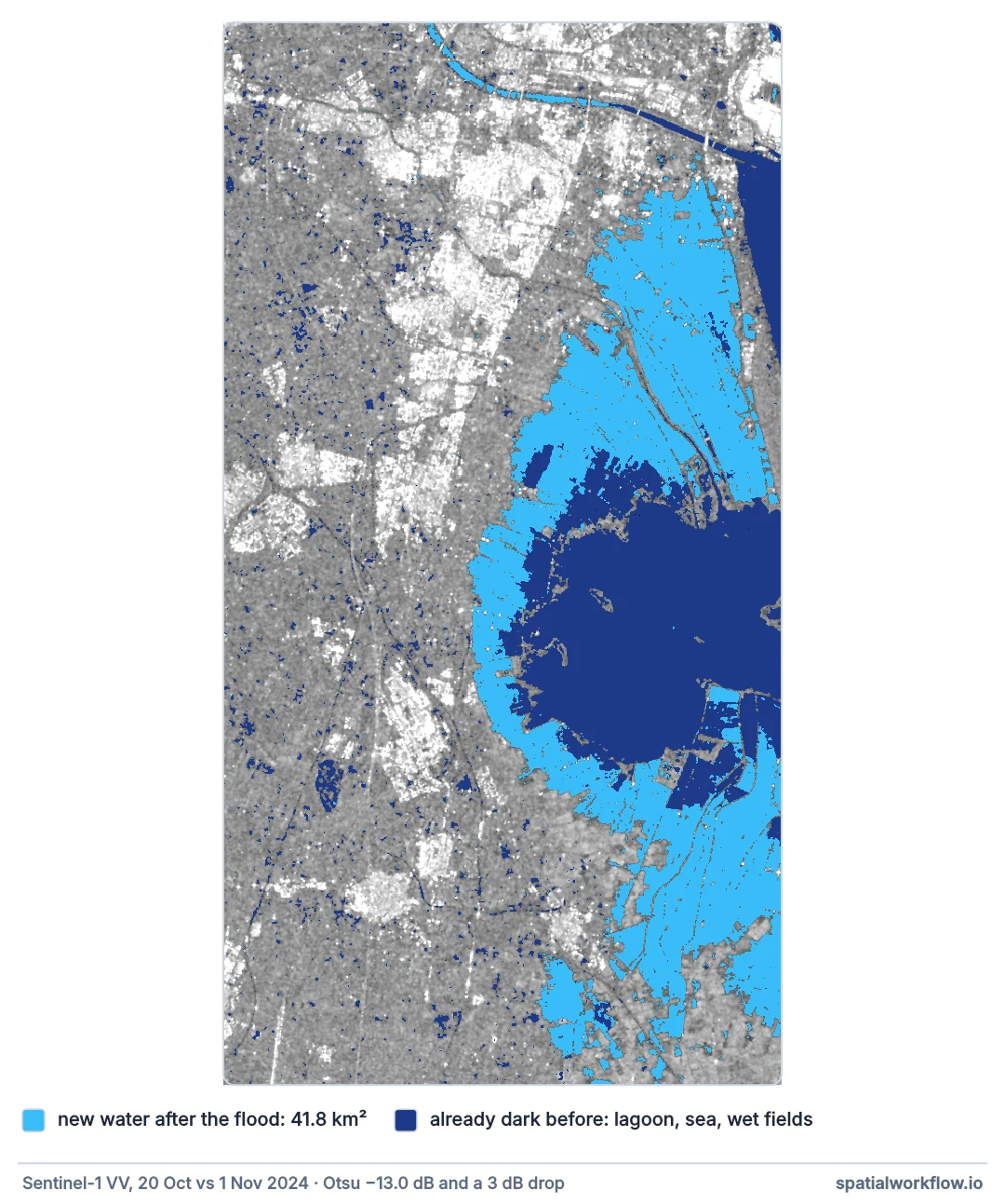 Map south of Valencia with the Sentinel-1 flood result: newly flooded land in bright blue around the Albufera lagoon and to its north and south, the lagoon and sea in dark blue, and dry land in grey.