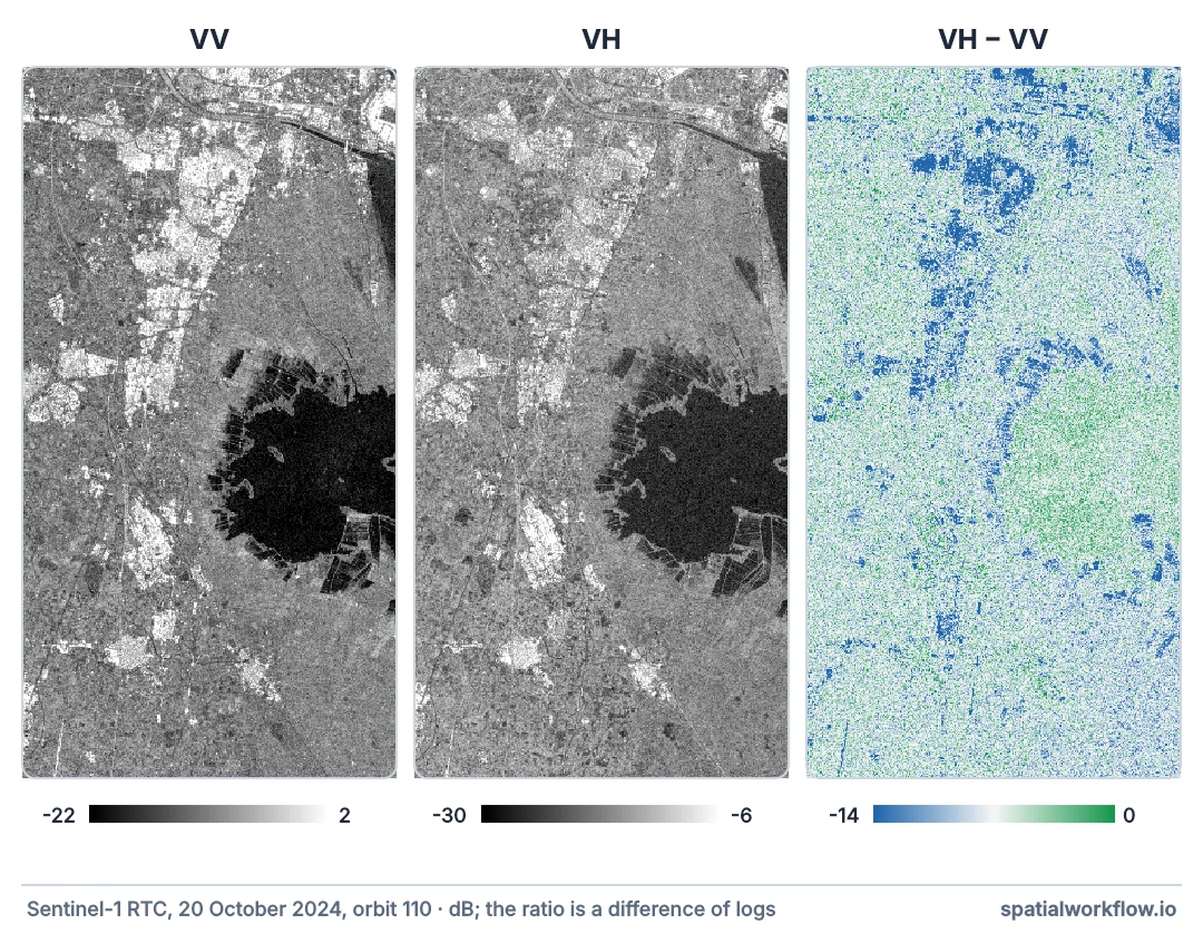 Three views of the same Sentinel-1 pass south of Valencia: VV and VH in greyscale, both showing the dark Albufera lagoon and bright towns, VH darker overall; and the VH minus VV ratio in blue and green, blue over the towns and green over the orchards and fields.