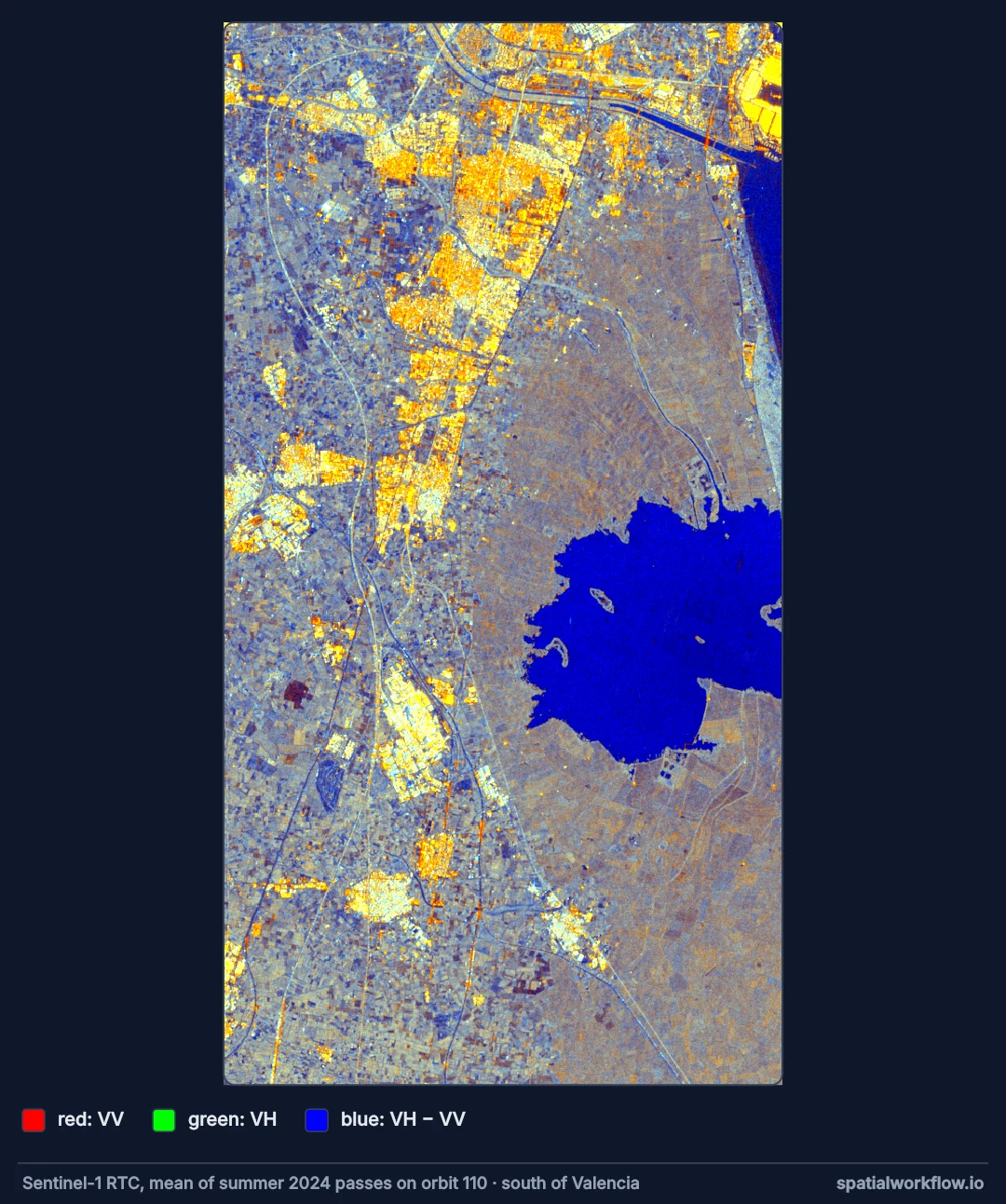 False-colour radar composite south of Valencia: towns bright yellow and orange, orchards and fields in mottled blue-grey, the rice fields around the lagoon in brownish grey, and the Albufera lagoon itself deep blue.