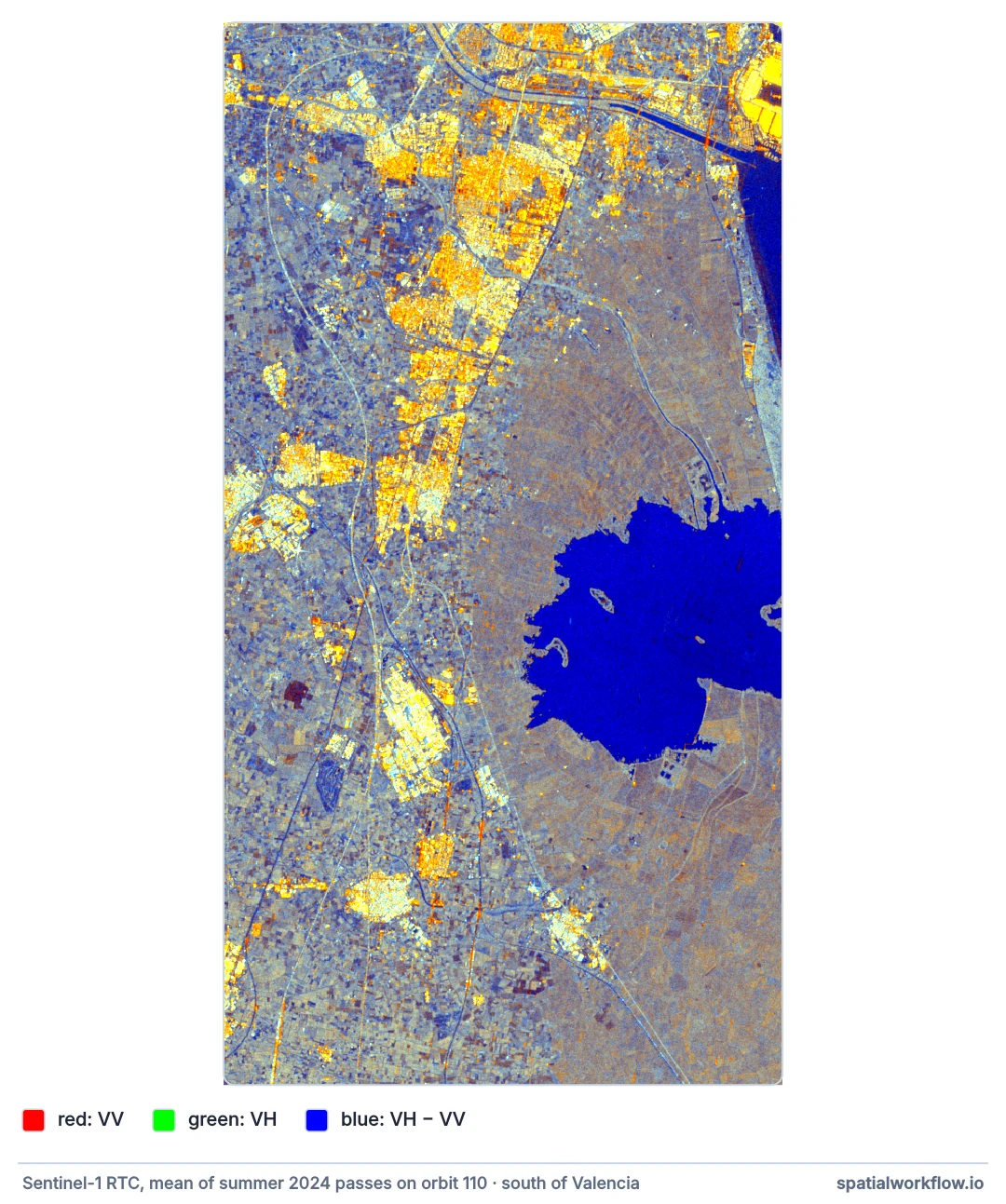 False-colour radar composite south of Valencia: towns bright yellow and orange, orchards and fields in mottled blue-grey, the rice fields around the lagoon in brownish grey, and the Albufera lagoon itself deep blue.