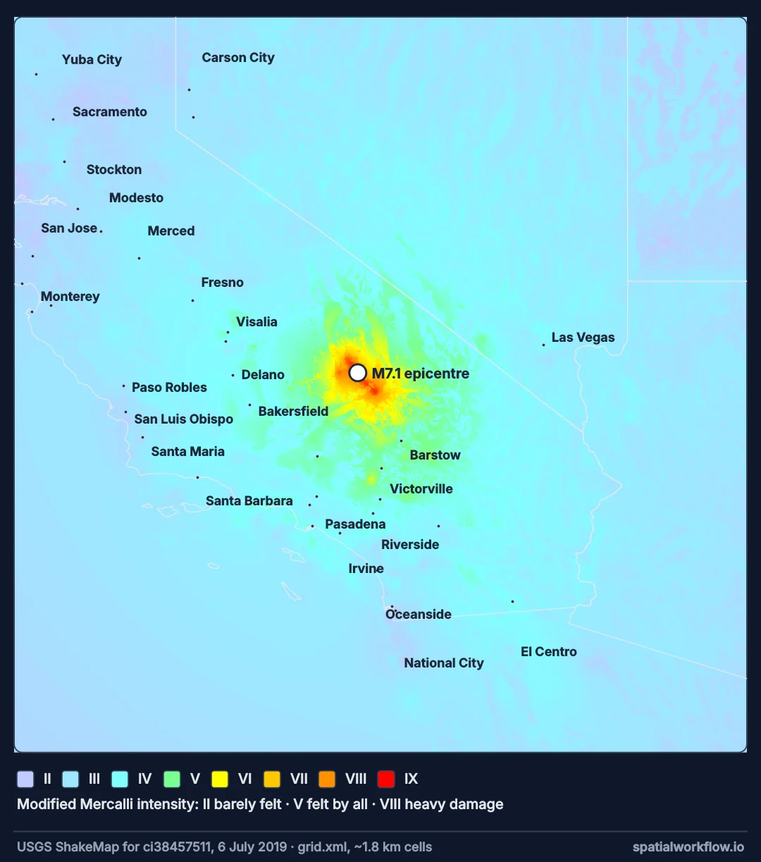 ShakeMap intensity map of southern California for the 2019 Ridgecrest earthquake: the strongest shaking, orange and red, around the epicentre north-east of Bakersfield, fading through yellow and green to light blue across the rest of the state.