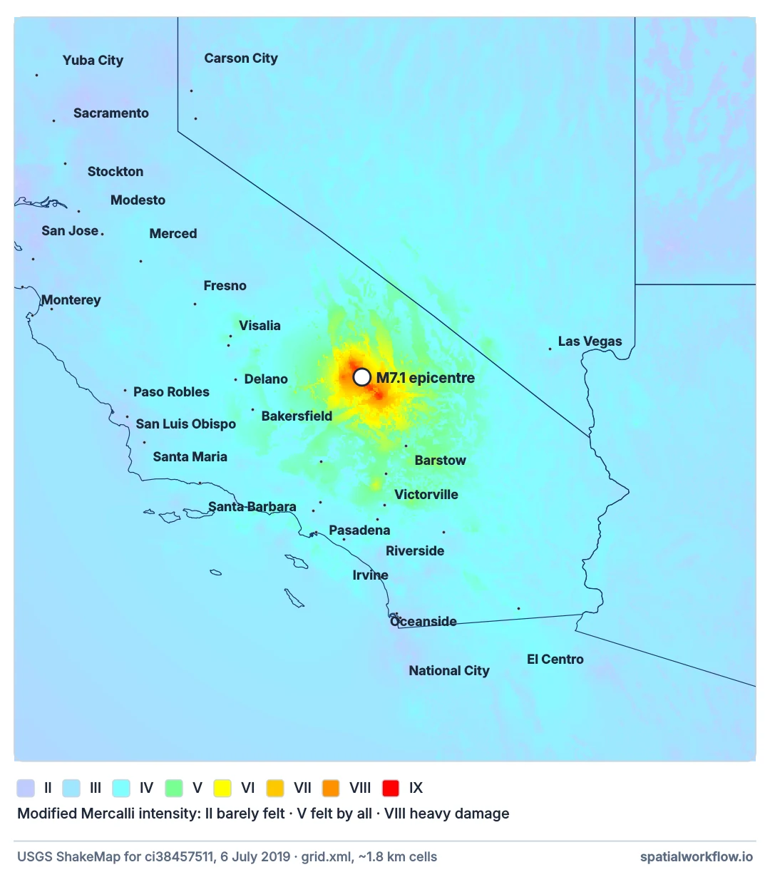 ShakeMap intensity map of southern California for the 2019 Ridgecrest earthquake: the strongest shaking, orange and red, around the epicentre north-east of Bakersfield, fading through yellow and green to light blue across the rest of the state.