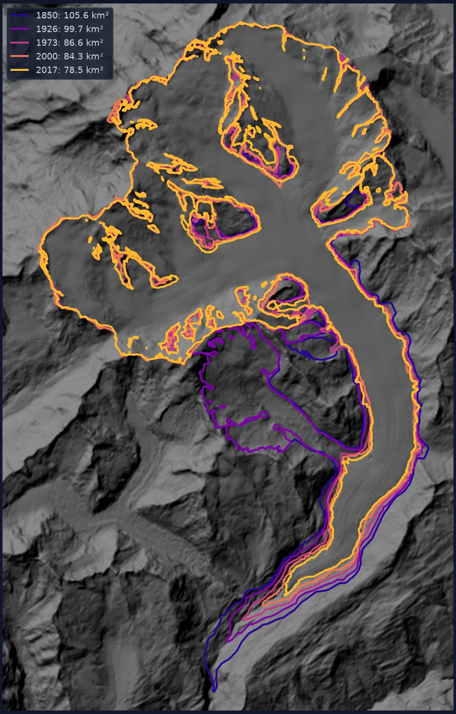 Hillshade of the Aletsch region with GLIMS outlines of the Great Aletsch Glacier for 1850, 1926, 1973, 2000 and 2017: the tongue retreats step by step up its valley, the upper boundaries mostly coincide, and the 1926 outline alone includes a large tributary basin.