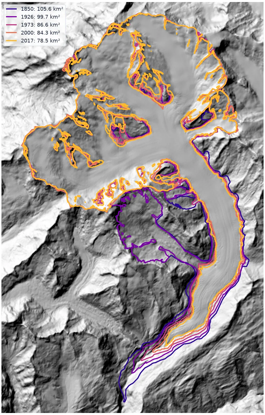 Hillshade of the Aletsch region with GLIMS outlines of the Great Aletsch Glacier for 1850, 1926, 1973, 2000 and 2017: the tongue retreats step by step up its valley, the upper boundaries mostly coincide, and the 1926 outline alone includes a large tributary basin.