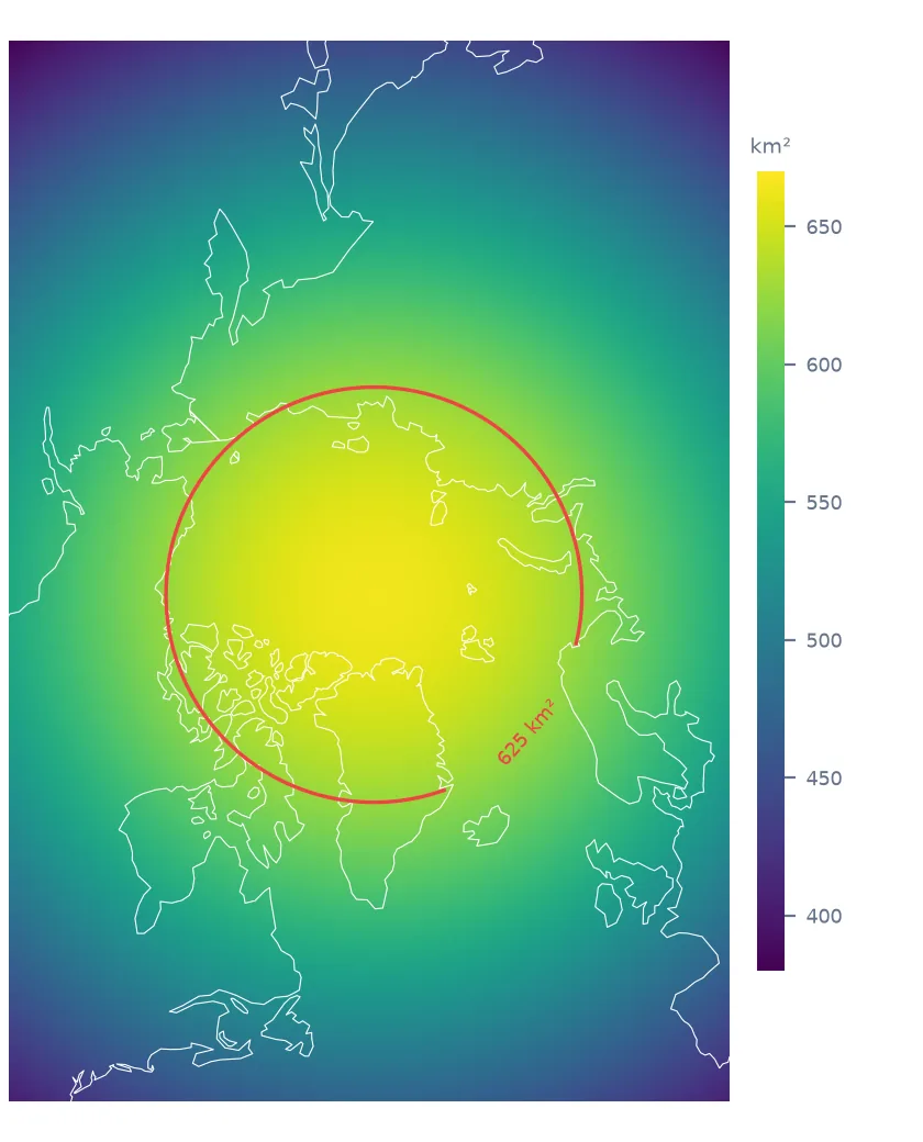 Map of the NSIDC north polar stereographic grid coloured by the true ground area of each 25 km cell, from about 383 km² at the far corners to 664 km² at the pole, with a red contour at 625 km² close to the 70 degrees north standard parallel.