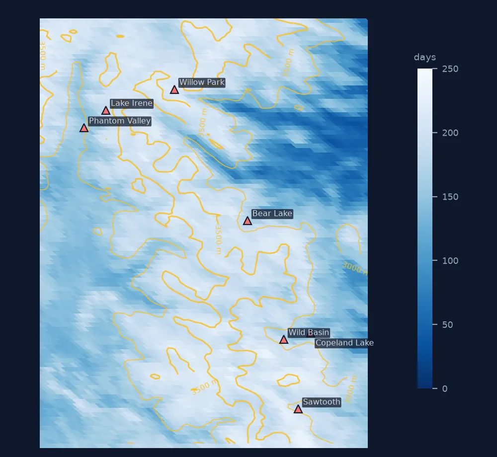 Map of a 34 by 44 km box over Rocky Mountain National Park coloured by the number of days each 500 m MODIS pixel was snow-covered in water year 2024, from under 50 in the eastern valleys to over 200 on the high ground, with 3,000 and 3,500 m contours and seven SNOTEL stations marked.
